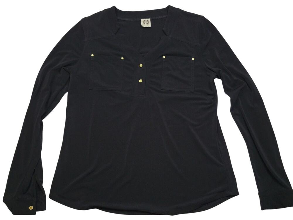 Anne Klein Women's v-neck Blouse Black Gold buttons rivets Pockets Womens Size M